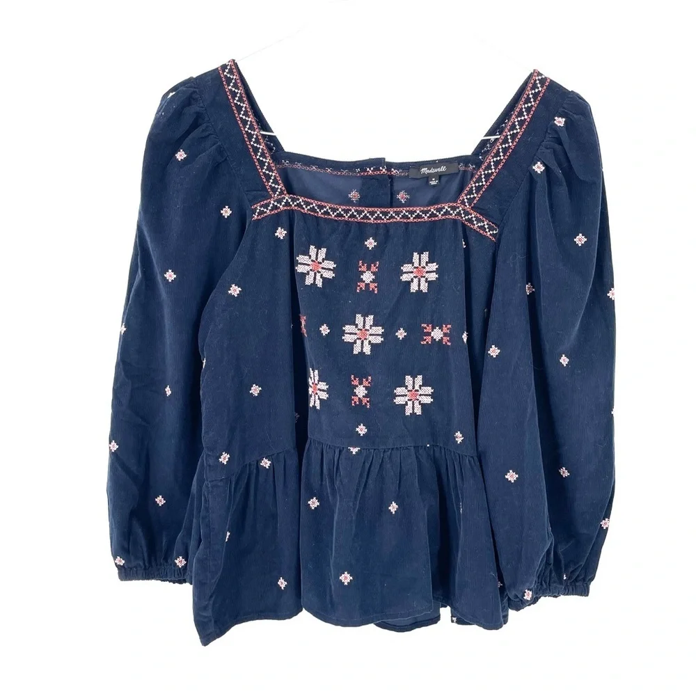 MADEWELL Embroidered Velvet Square Neck Corduroy Button-Back Peplum Boho Top